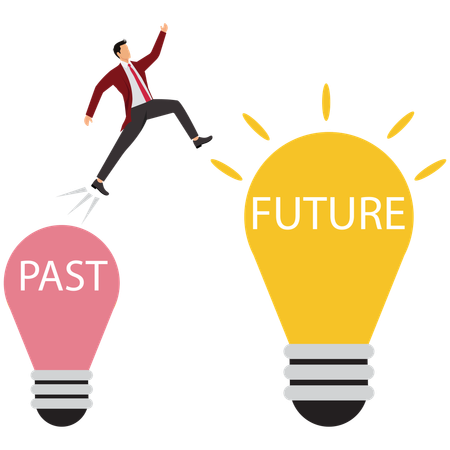 Businessman taking leap from past to future  Illustration