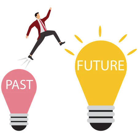 Businessman taking leap from past to future  Illustration