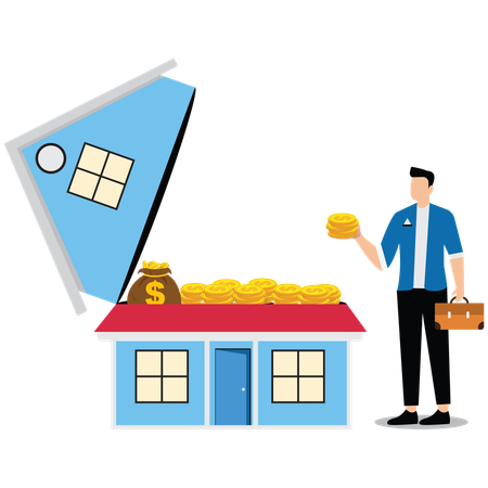 Businessman taking money to stand next to a house with the roof open  Illustration