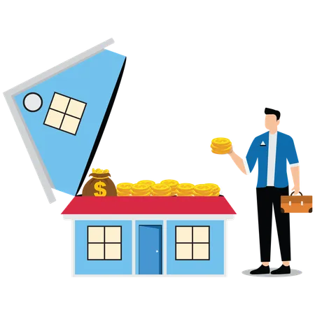 Businessman taking money to stand next to a house with the roof open  Illustration