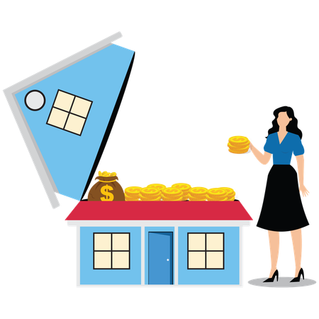 Businessman taking money to stand next to a house with the roof open  Illustration