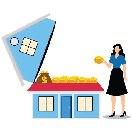 Businessman taking money to stand next to a house with the roof open  Illustration