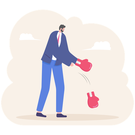 Businessman taking off boxing gloves as gives up on business  イラスト