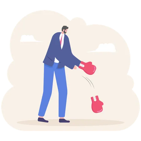 Businessman taking off boxing gloves as gives up on business  Illustration