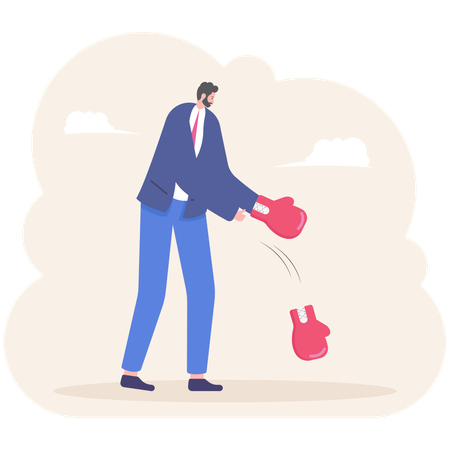 Businessman taking off boxing gloves as gives up on business  Illustration