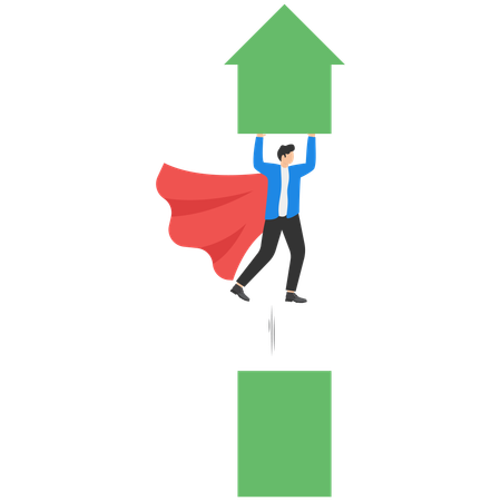 Businessman taking off in the direction of arrow above clouds  Illustration
