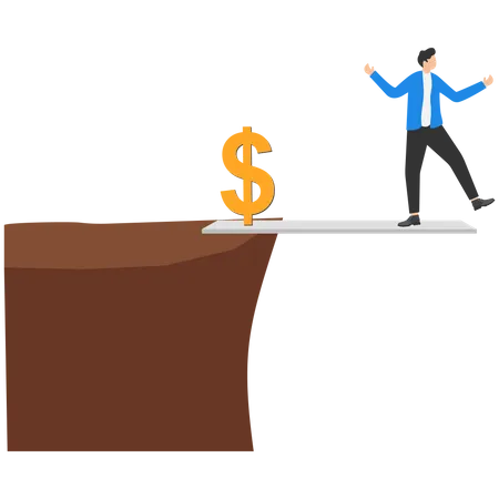 Businessman Stand On The Plank Obstacles Between Cliffs To Money Sign Business Risk And Success Concept Illustration