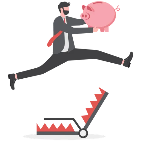Business Risk Businessman Taking Risks For Goal Or Success Businessman Holding A Piggy Bank Jumps Over The Trap Illustration