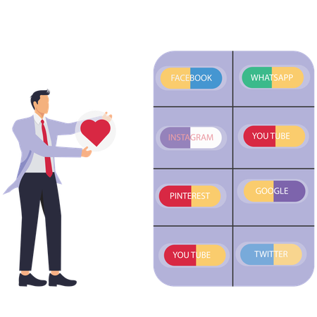 Businessman taking social media hashtag pills  Illustration