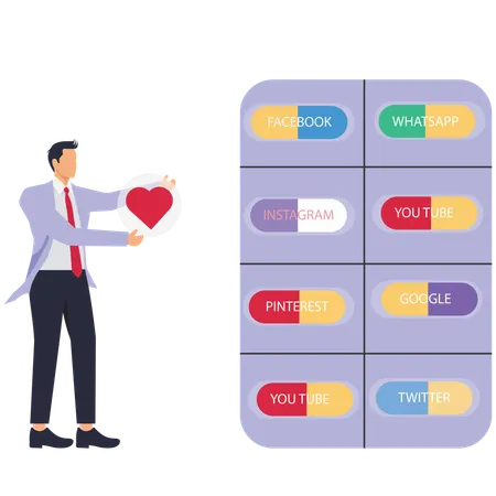 Businessman taking social media hashtag pills  Illustration