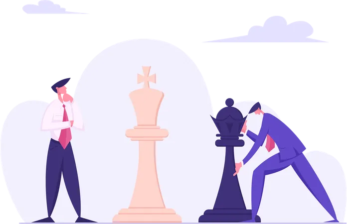 Business Man Making Strategic Chess Move With Black King Piece Against White Self Confident Opponent Thinking And Planning Concept Tactics And Strategic Game Cartoon Flat Vector Illustration Illustration