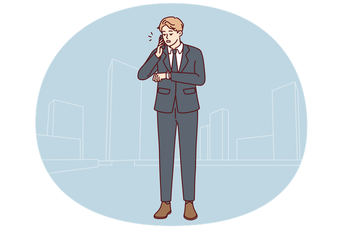 Businessman talk on cellphone check time on clock  Illustration
