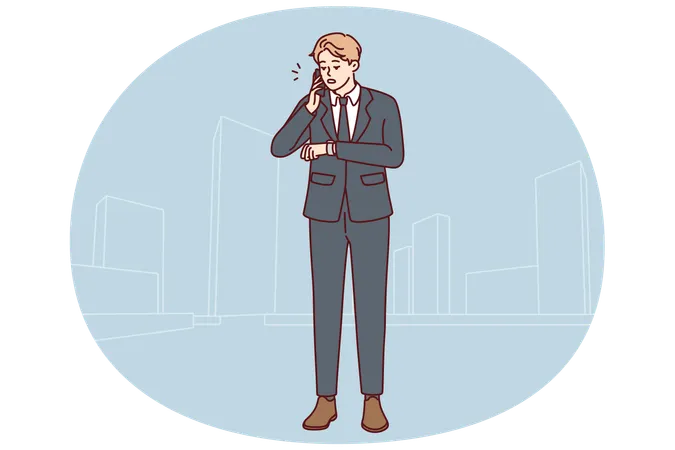 Businessman talk on cellphone check time on clock  Illustration