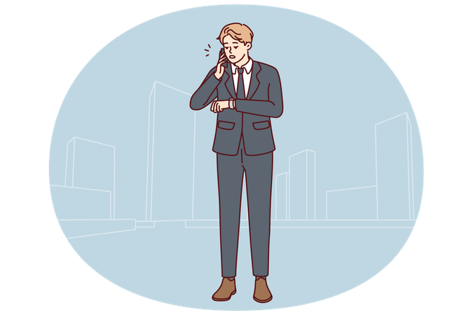 Businessman talk on cellphone check time on clock  Illustration