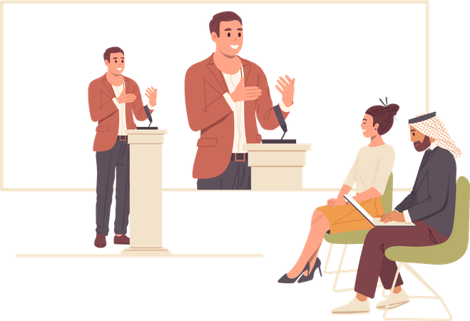 Businessman talking in microphone standing at podium giving speech front of multiethnic auditorium Illustration