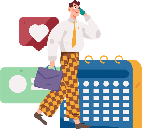 Businessman talking on mobile while going to office on time  Illustration