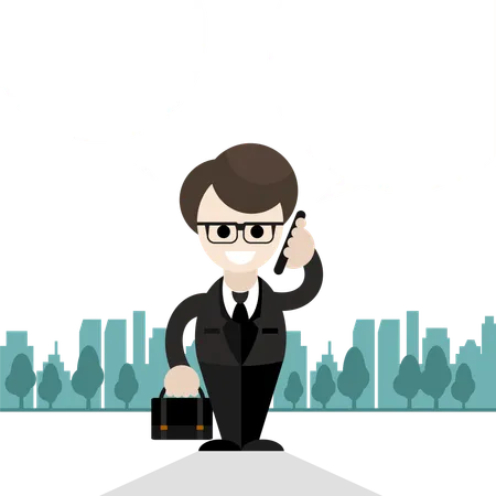 Happy Businessman Holding Phone In His Hand Near Head And Talking Bubble Other Hand Holding Briefcase With Documents On City Background Cartoon Design Style Illustration