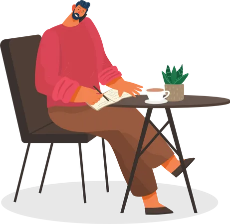 Person Taking On Phone And Writing Down Info On Notebook Man In Cafe Or Restaurant Drinking Coffee And Solving Problems At Work Businessman On Break In Diner Or Bistro Vector In Flat Style Illustration