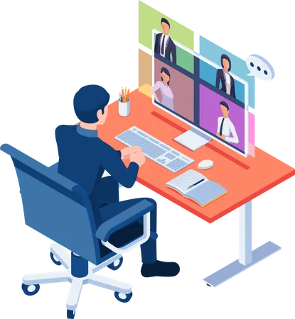 Flat 3 D Isometric Businessman Talking To His Colleagues In Video Conference Work From Home During COVID 19 Or Coronavirus Pandemic And Video Conference Concept Illustration