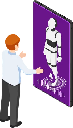 Flat 3 D Isometric Businessman Talking With Ai Robot In Smartphone Artificial Intelligence Technology And Voice Assistant Concept Illustration