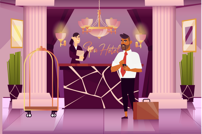 Businessman talking with hotel receptionist Illustration