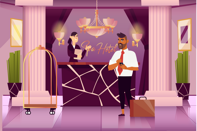 Businessman talking with hotel receptionist  Illustration