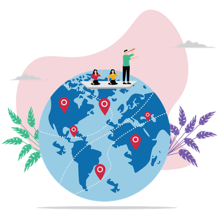 Businessman team on paper boat pins around world  Illustration
