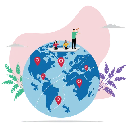 Businessman team on paper boat pins around world  Illustration
