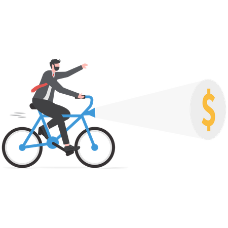 Businessman team riding a bicycle with flashlight and searching dollar sign  Illustration