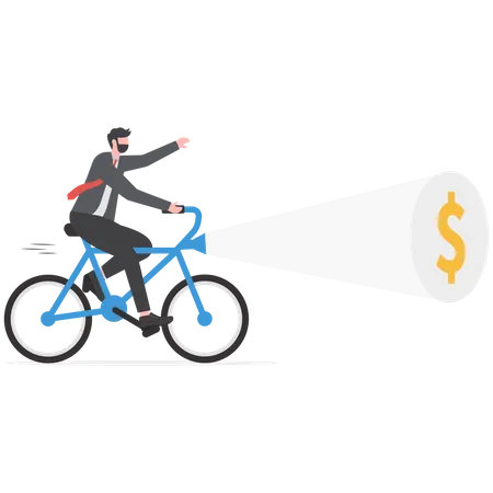 Businessman team riding a bicycle with flashlight and searching dollar sign  Illustration