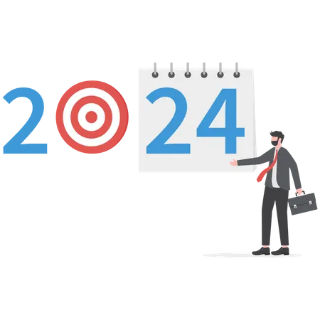 A Calendar Plan Goal 2024 A Businessman Tears Off A Calendar Sheet Of The Outgoing Year Parting With The Coming Year Vector Illustration Flat Design Illustration