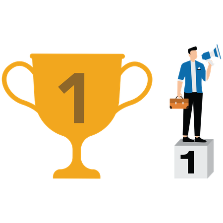 Businessman telling success story with megaphone with winner trophy  Illustration