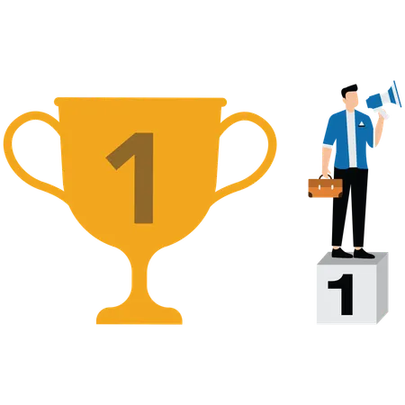 Businessman telling success story with megaphone with winner trophy  Illustration