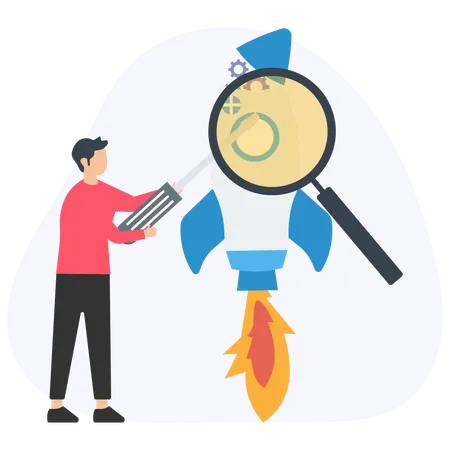 Businessman testing startup rocket  Illustration