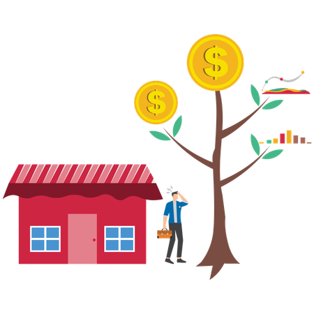 Businessman think between paying off mortgage and investing in stock market for profit symbolizing tough financial decision  Illustration