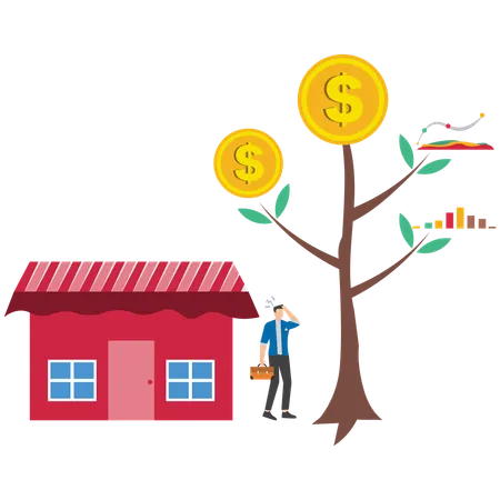 Businessman think between paying off mortgage and investing in stock market for profit symbolizing tough financial decision  Illustration