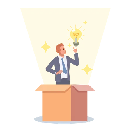 Businessman Get Out From Paper Box With New Lightbulb Idea Think Outside The Box Innovation Concept Illustration