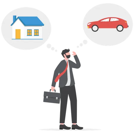 Businessman thinking about buying a car or a house  Illustration