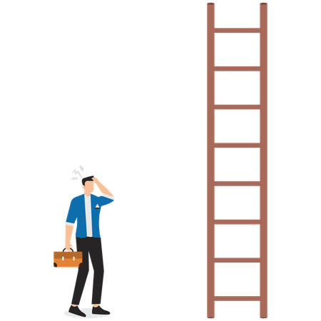 Businessman thinking about climbing stairs with steps that are too far apart  Illustration