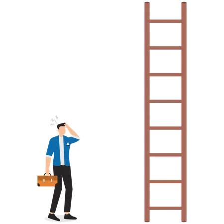 Businessman thinking about climbing stairs with steps that are too far apart  Illustration