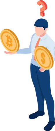 Flat 3 D Isometric Businessman Thinking About Dollar Coin And Bitcoin On His Hands With Question Mark Doubtful About Cryptocurrency Investments Concept Illustration