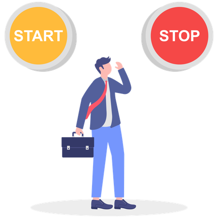 Businessman thinking about start and stop button  Illustration