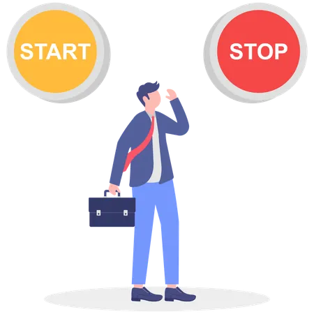 Businessman thinking about start and stop button  Illustration