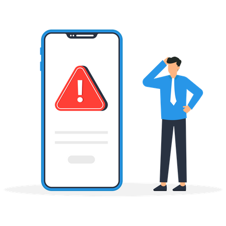Businessman thinking about system error warnings on smartphone  Illustration