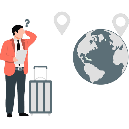 Businessman thinking about world tour location  Illustration