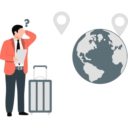 Businessman thinking about world tour location  Illustration