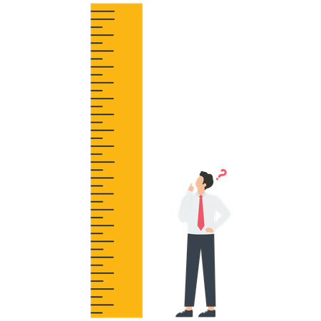 Businessman thinking and looking at huge ruler  Illustration