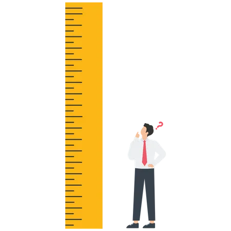 Businessman thinking and looking at huge ruler  イラスト