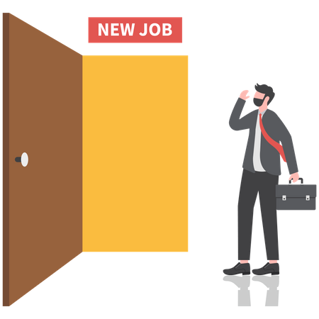 Businessman thinking and make decision to exit bright future opening door with sign on top as New Job  Illustration