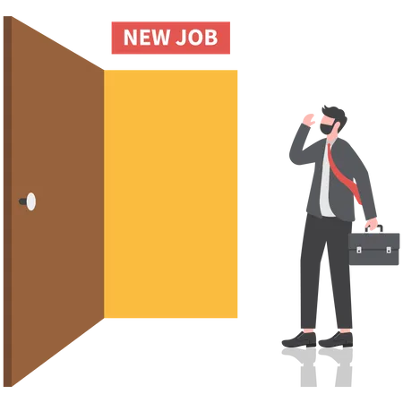 Businessman thinking and make decision to exit bright future opening door with sign on top as New Job  Illustration